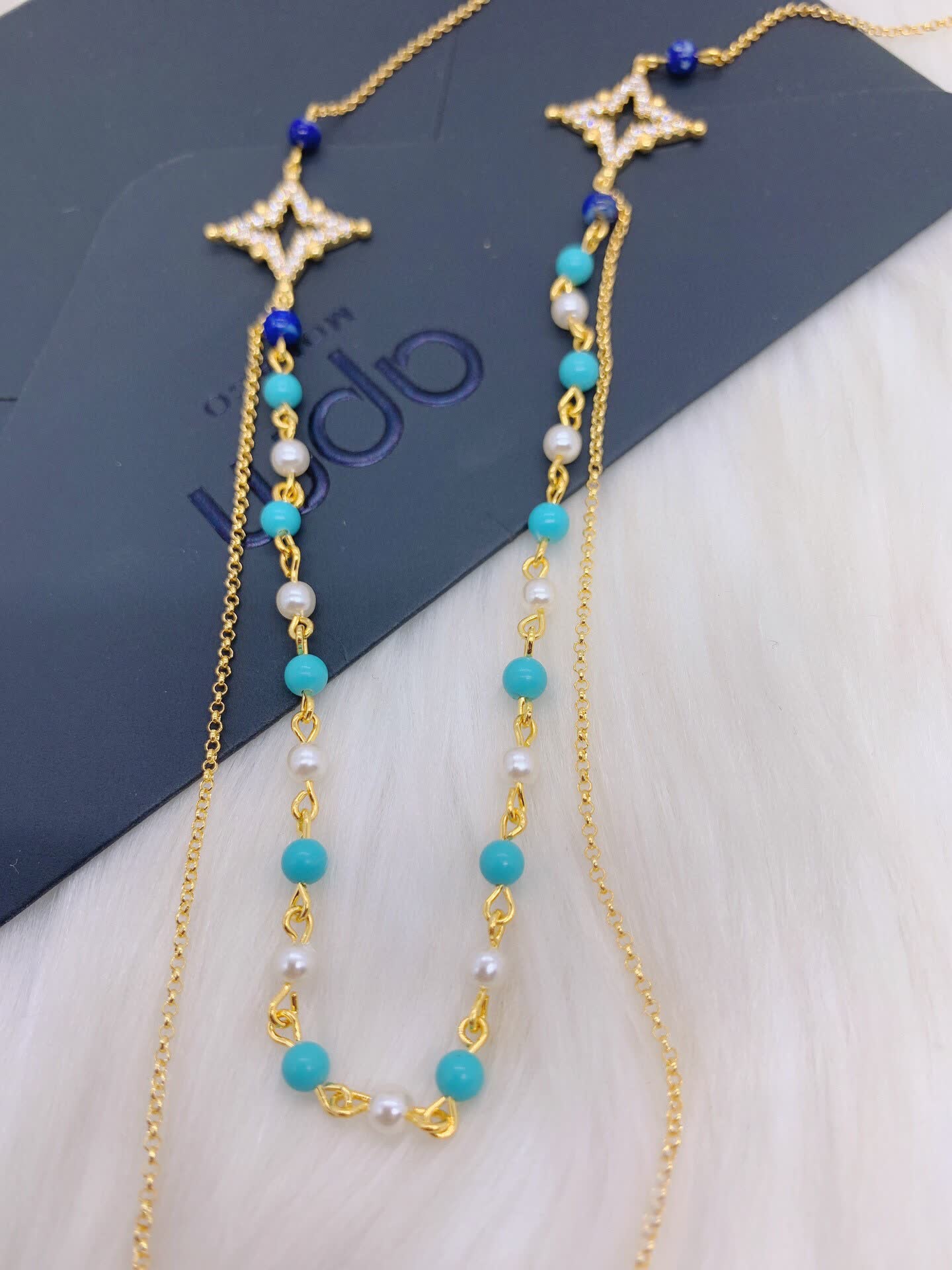 APM Monaco Elegant Double Layered Gold Plated Necklace with Turquoise and Pearl Beads